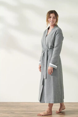 Coyuchi Mediterranean Organic Cotton Gray Robe Bathrobe Women M/L Portugal
